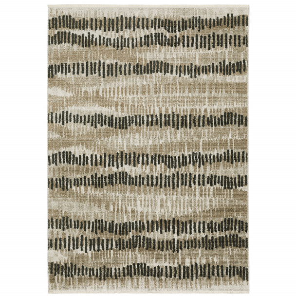 5' X 8' Beige Ivory Charcoal Brown Tan And Grey Abstract Power Loom Stain Resistant Area Rug With Fringe