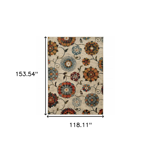 10' X 13' Ivory Blue Gold Green Orange Rust And Teal Floral Power Loom Stain Resistant Area Rug