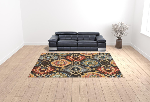 10' X 13' Brown Grey Rust Red Gold Teal And Blue Green Floral Power Loom Stain Resistant Area Rug