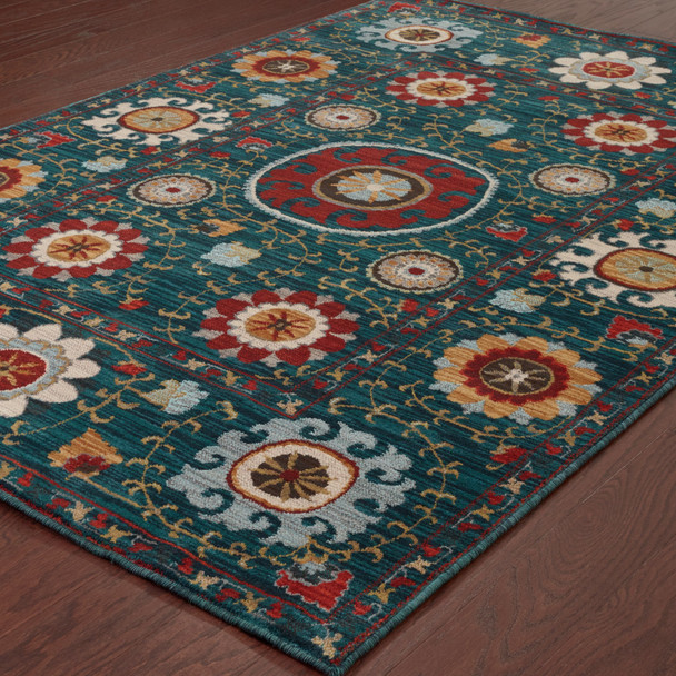 10' X 13' Teal Blue Rust Gold And Ivory Floral Power Loom Stain Resistant Area Rug