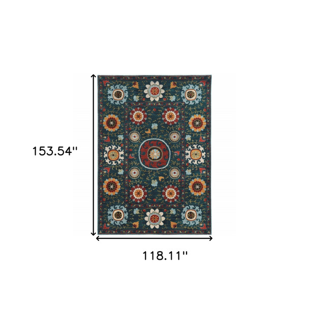 10' X 13' Teal Blue Rust Gold And Ivory Floral Power Loom Stain Resistant Area Rug