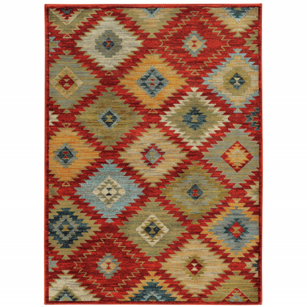 10' X 13' Red Green Gold Blue Teal And Ivory Geometric Power Loom Stain Resistant Area Rug