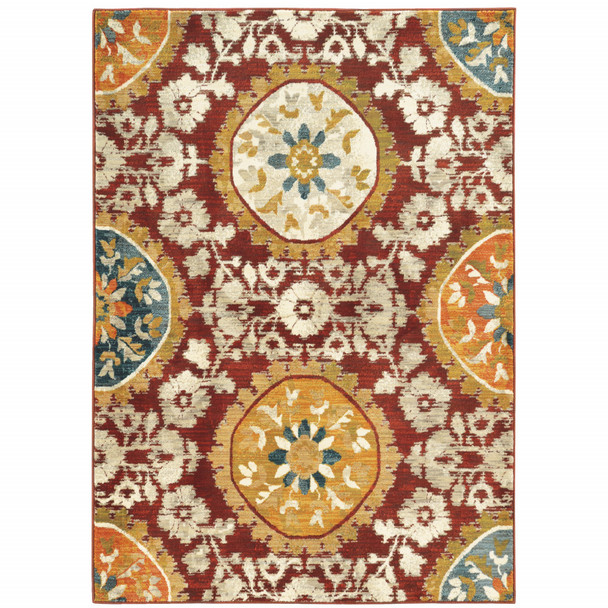 10' X 13' Red Gold Teal Grey Ivory And Blue Oriental Power Loom Stain Resistant Area Rug