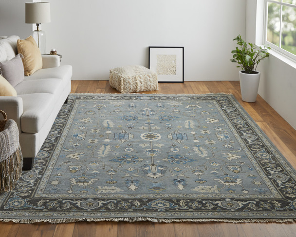 5' X 8' Blue Gray And Taupe Wool Floral Hand Knotted Stain Resistant Area Rug