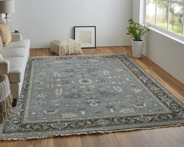 8' X 10' Blue Gray And Taupe Wool Floral Hand Knotted Stain Resistant Area Rug