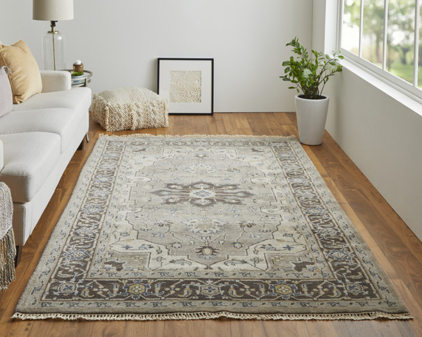 5' X 8' Gray Taupe And Blue Wool Floral Hand Knotted Stain Resistant Area Rug