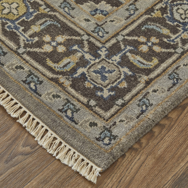 5' X 8' Gray Taupe And Blue Wool Floral Hand Knotted Stain Resistant Area Rug