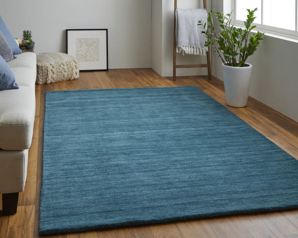 10' X 13' Blue And Green Wool Hand Woven Stain Resistant Area Rug
