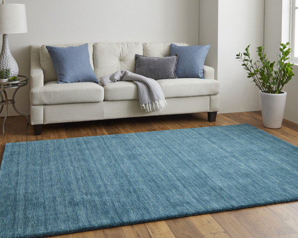 10' X 13' Blue And Green Wool Hand Woven Stain Resistant Area Rug