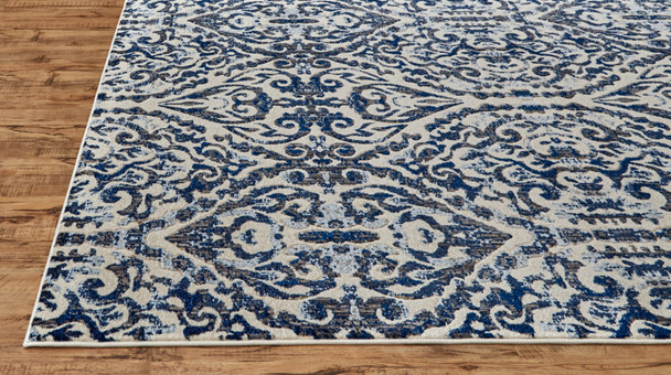 '9' Blue Ivory And Black Round Floral Distressed Stain Resistant Area Rug