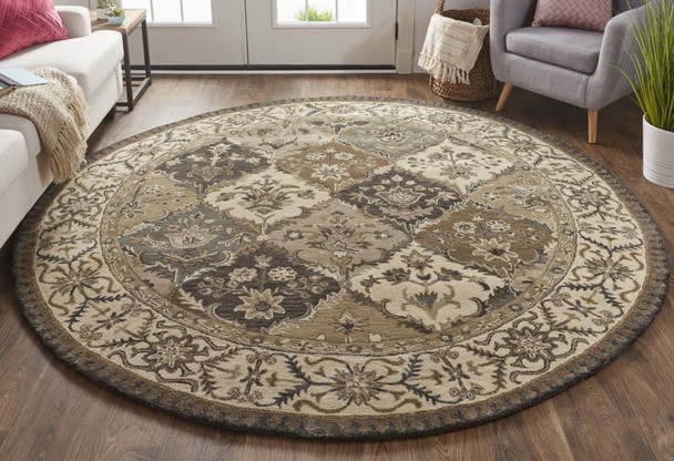 8' Blue Gray And Taupe Round Wool Paisley Tufted Handmade Stain Resistant Area Rug