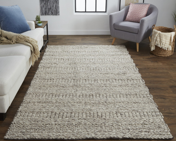 5' X 8' Ivory Gray And Tan Wool Hand Woven Stain Resistant Area Rug