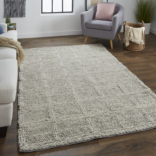 5' X 8' Ivory Gray And Black Wool Plaid Hand Woven Stain Resistant Area Rug