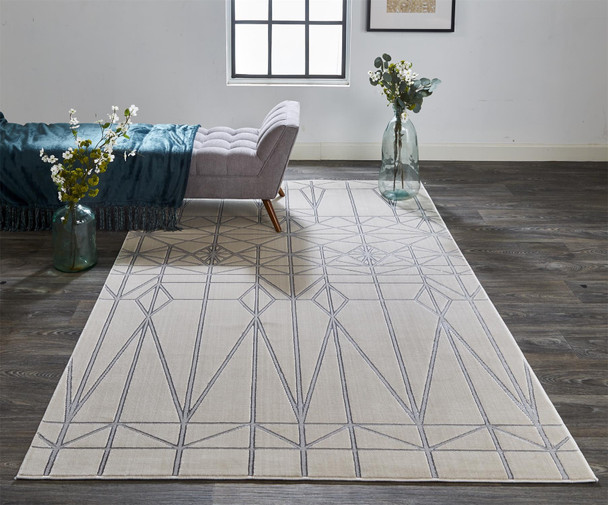 9' X 12' White Silver And Gray Geometric Area Rug