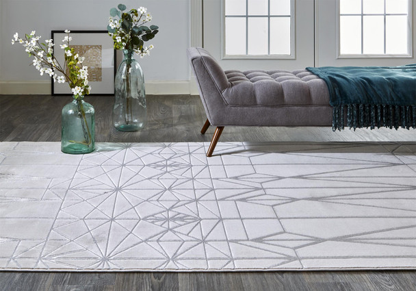 8' X 11' White Silver And Gray Geometric Stain Resistant Area Rug