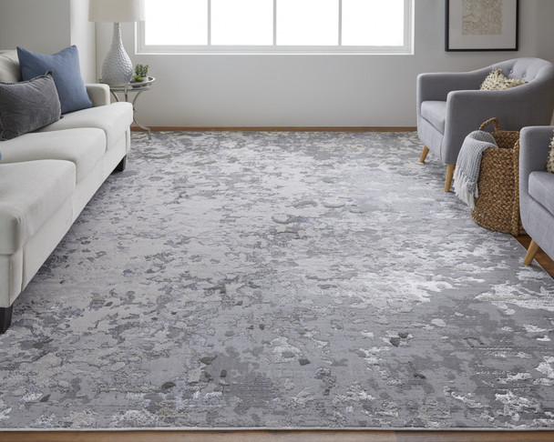 10' X 13' Silver Gray And White Abstract Stain Resistant Area Rug