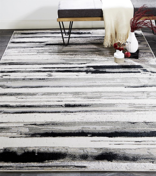 8' X 10' Silver Gray And Black Abstract Area Rug