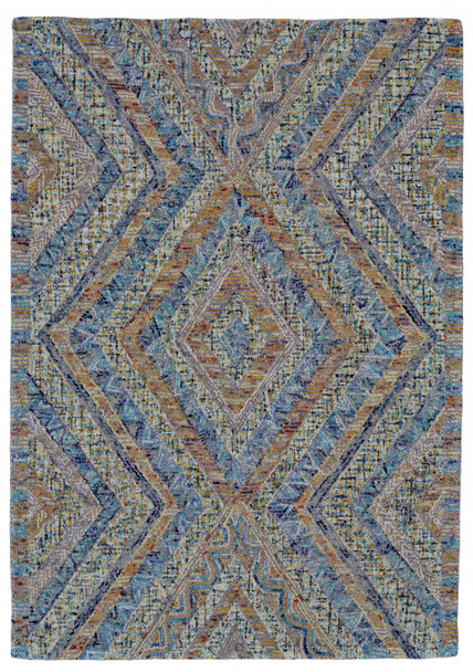 5' X 8' Blue Brown And Orange Wool Geometric Tufted Handmade Stain Resistant Area Rug