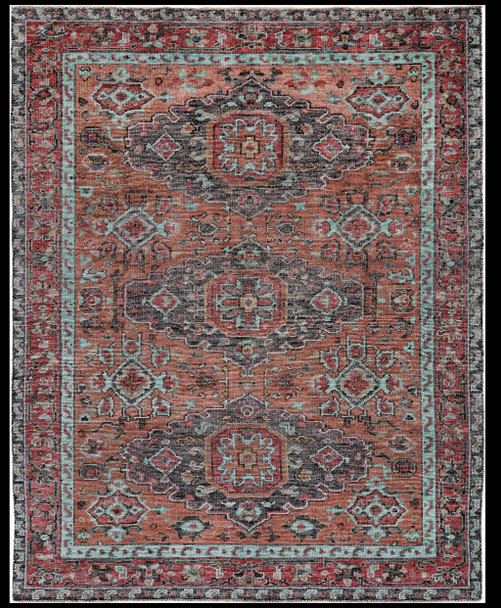 2' X 3' Red Orange And Blue Wool Floral Hand Knotted Distressed Stain Resistant Area Rug With Fringe