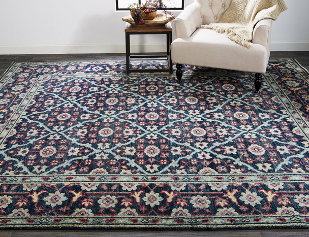 9' X 12' Blue Green And Red Wool Floral Hand Knotted Distressed Stain Resistant Area Rug With Fringe