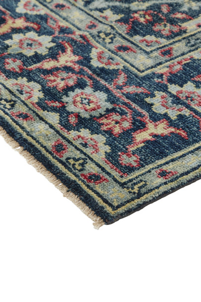 9' X 12' Blue Green And Red Wool Floral Hand Knotted Distressed Stain Resistant Area Rug With Fringe