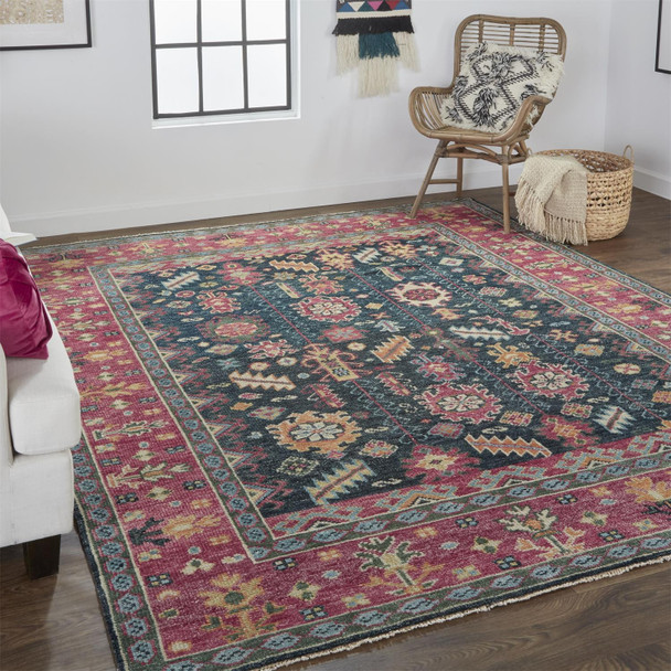 5' X 8' Pink Blue And Orange Wool Floral Hand Knotted Distressed Stain Resistant Area Rug With Fringe