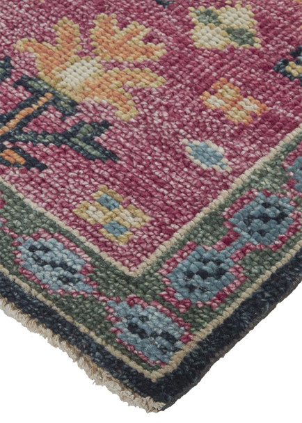 2' X 3' Pink Blue And Orange Wool Floral Hand Knotted Distressed Stain Resistant Area Rug With Fringe