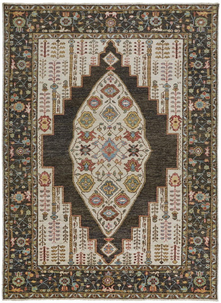 5' X 8' Brown Yellow And Green Wool Floral Hand Knotted Distressed Stain Resistant Area Rug With Fringe