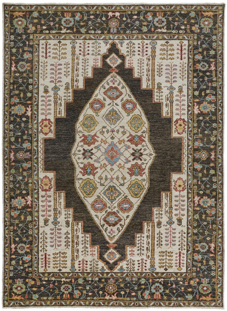 10' X 13' Brown Yellow And Green Wool Floral Hand Knotted Distressed Stain Resistant Area Rug With Fringe