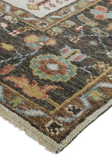 2' X 3' Brown Yellow And Green Wool Floral Hand Knotted Distressed Stain Resistant Area Rug With Fringe