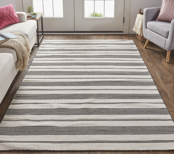 5' X 8' Black And White Striped Dhurrie Hand Woven Stain Resistant Area Rug