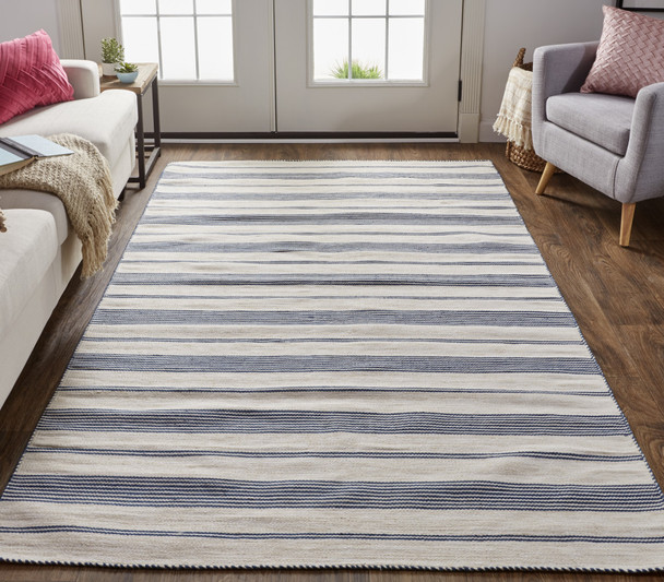 5' X 8' Blue And Ivory Striped Dhurrie Hand Woven Stain Resistant Area Rug