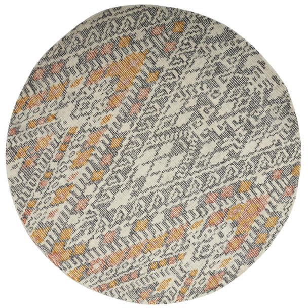 8' Gray Ivory And Orange Round Wool Geometric Tufted Handmade Area Rug