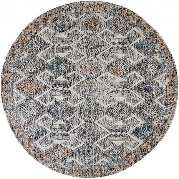 8' Black Ivory And Green Round Wool Geometric Tufted Handmade Distressed Area Rug