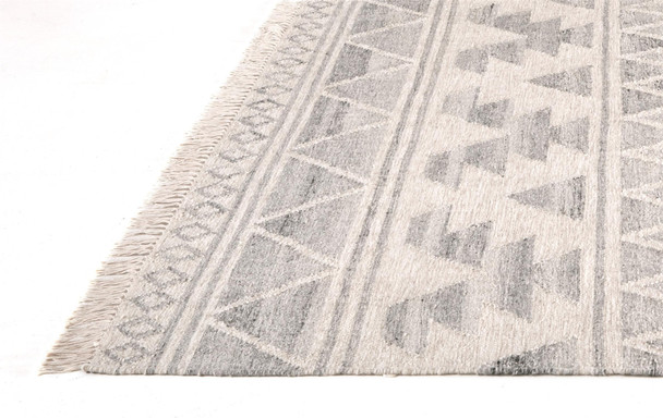 9' X 12' Ivory Gray And Blue Wool Geometric Dhurrie Flatweave Handmade Area Rug With Fringe