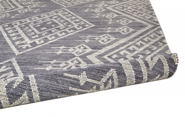 9' X 12' Gray Ivory And Blue Wool Geometric Dhurrie Flatweave Handmade Area Rug With Fringe