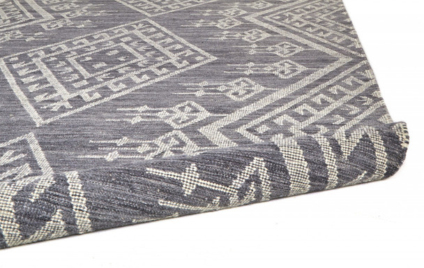 10' X 14' Gray Ivory And Blue Wool Geometric Dhurrie Flatweave Handmade Area Rug With Fringe