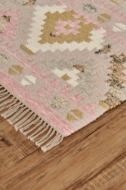 10' X 14' Pink Gold And Taupe Wool Geometric Dhurrie Flatweave Handmade Area Rug With Fringe