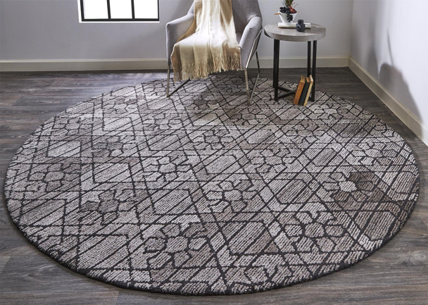 8' Taupe Black And Gray Round Wool Paisley Tufted Handmade Area Rug
