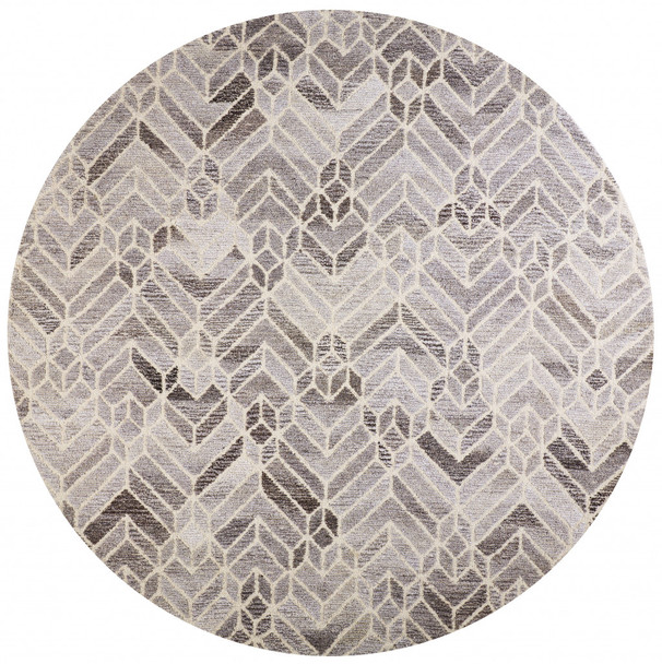8' Taupe Gray And Ivory Round Wool Geometric Tufted Handmade Area Rug