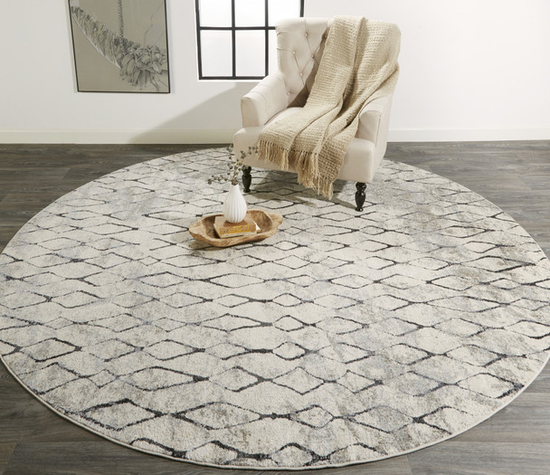 '9' Ivory Gray And Taupe Round Abstract Stain Resistant Area Rug