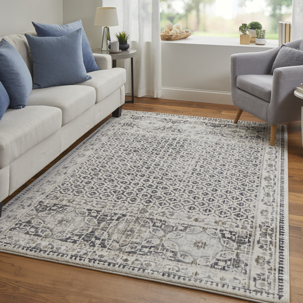 8' X 11' Ivory Taupe And Gray Abstract Stain Resistant Area Rug