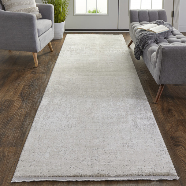 3' X 10' Tan Ivory And Gray Abstract Power Loom Distressed Runner Rug With Fringe