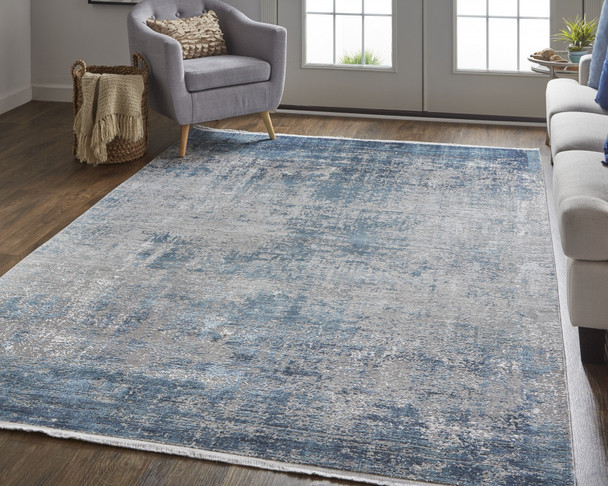 5' X 8' Blue Gray And Silver Abstract Power Loom Distressed Area Rug With Fringe