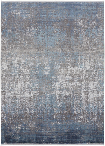 7' X 10' Blue Gray And Silver Abstract Power Loom Distressed Area Rug With Fringe