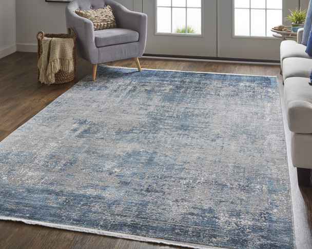 7' X 10' Blue Gray And Silver Abstract Power Loom Distressed Area Rug With Fringe