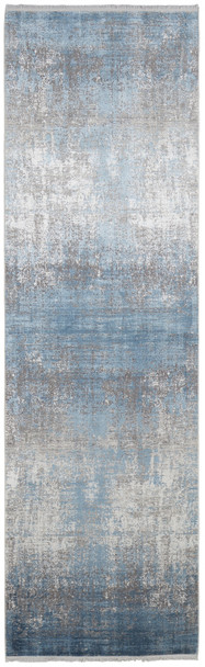 3' X 10' Blue Gray And Silver Abstract Power Loom Distressed Runner Rug With Fringe