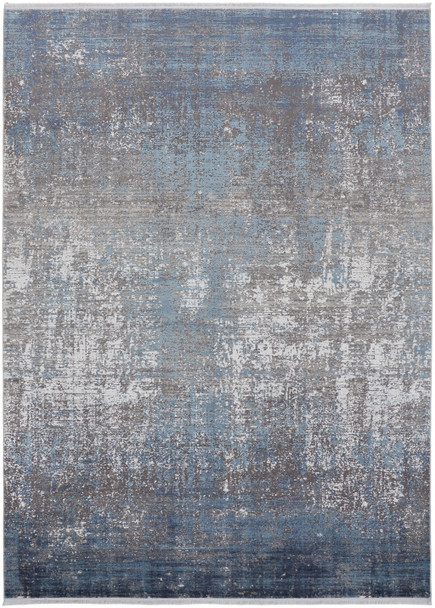 2' X 3' Blue Gray And Silver Abstract Power Loom Distressed Area Rug With Fringe