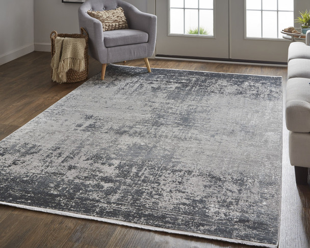 3' X 5' Gray Black And Silver Abstract Power Loom Distressed Area Rug With Fringe