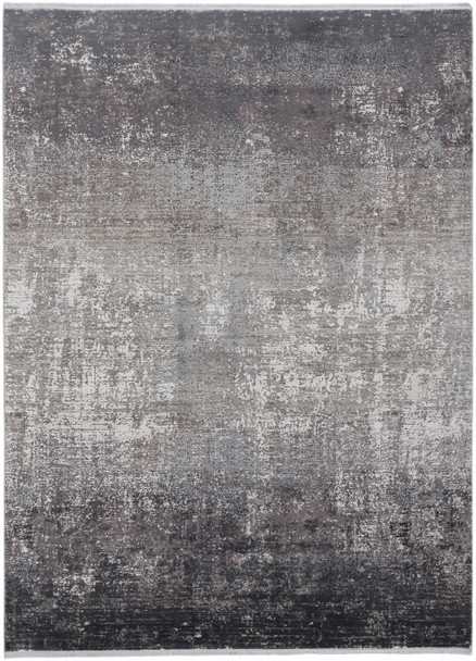 5' X 8' Gray Black And Silver Abstract Power Loom Distressed Area Rug With Fringe